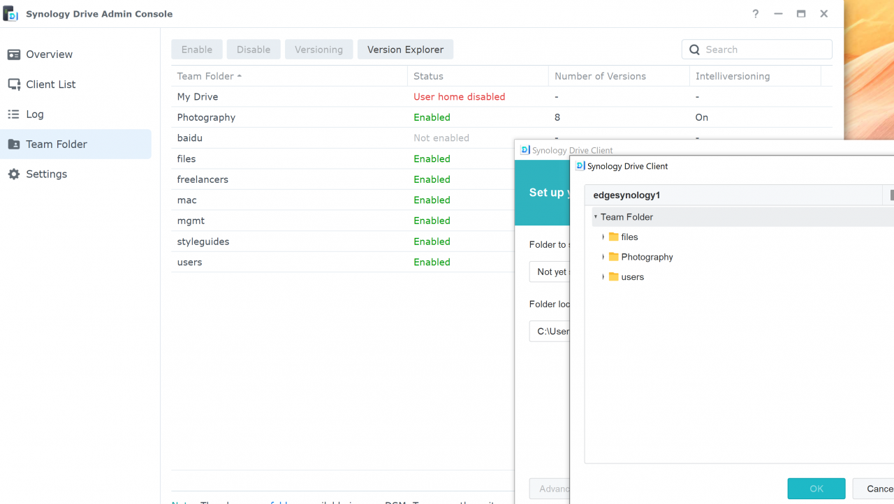 team folders synology drive app