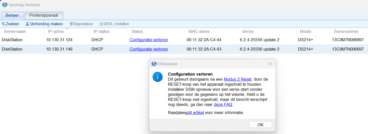 Synology Configuration Lost