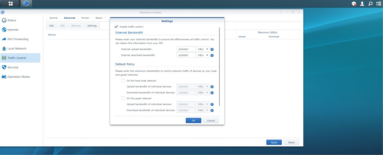 MR2200ac / Network Center / Traffic Control / Advanced / Settings