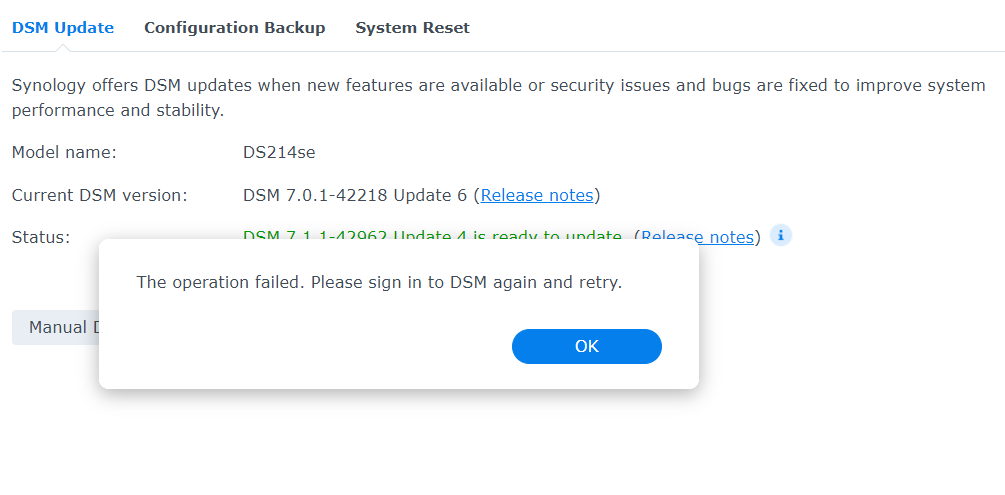 Unable to update from DSM 7.0.1 to 7.1.1 (The operation failed